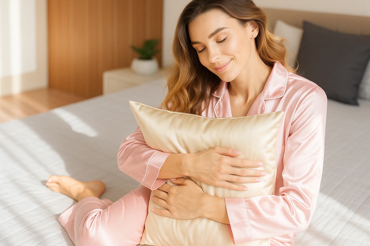 Taie d'oreiller en soie de mûrier 22 mommes sur lit blanc